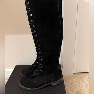 Women’s Over the Knee Black Flat Comfortable Lace Up Trendy Fall Suede OTK boots